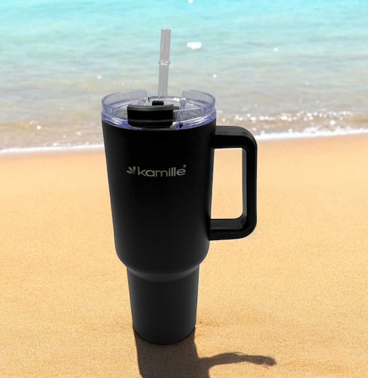 Kamille Stainless Steel Thermos Glass 1.2lt Gray with Handle Straw and Mouthpiece