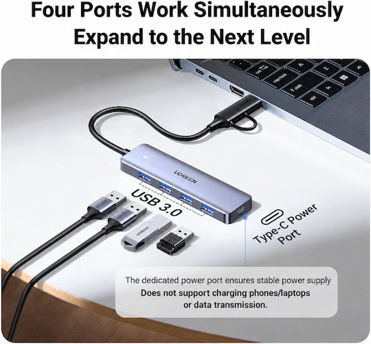 Ugreen USB-Hub 4 Anschlüsse USB 3.0 mit USB-A Anschluss Silber