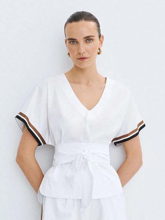 Women's Cotton Short Sleeve Blouse with V-Neckline Striped White