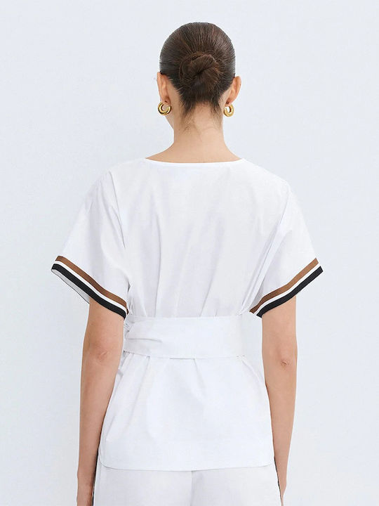 Women's Cotton Short Sleeve Blouse with V-Neckline Striped White