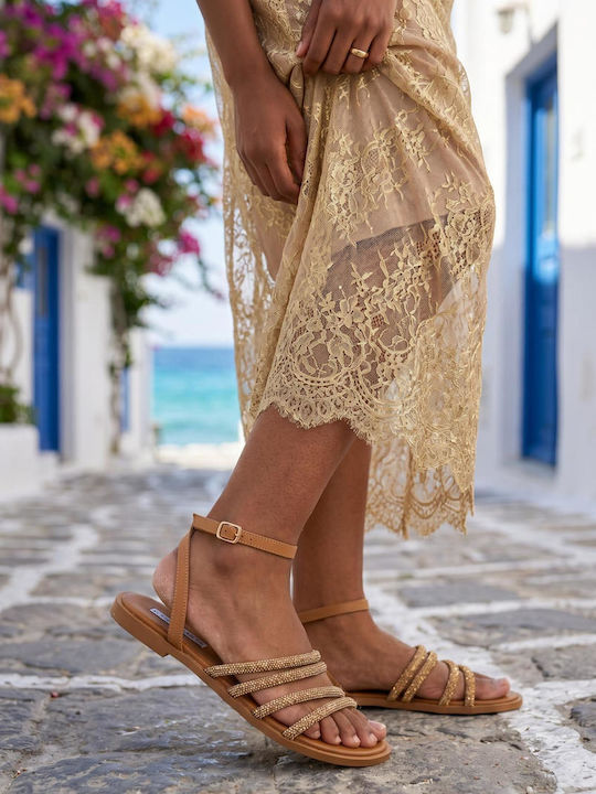 Leather Women's Flat Sandals Tabac Brown