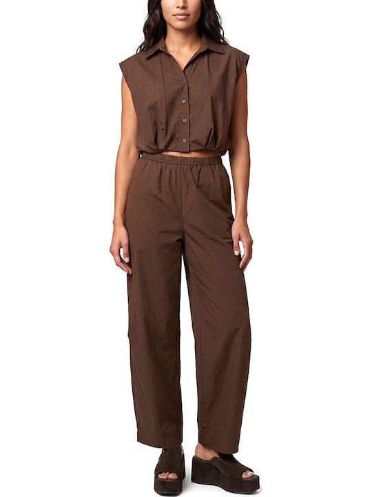 Women's High Waist Fabric Capri Trousers with Rubber Band in Balloon Leg Style Brown
