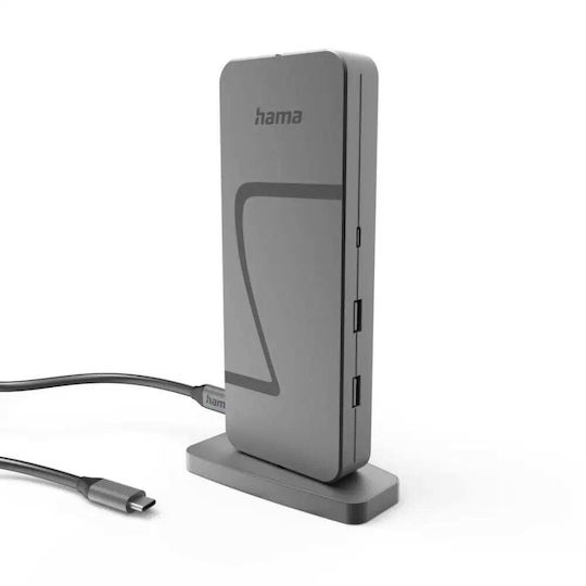 HAMA Connect2Office Speed USB-C Докинг Станция с HDMI/DisplayPort 4K PD Ethernet и Свързване на 3 Монитора Сива