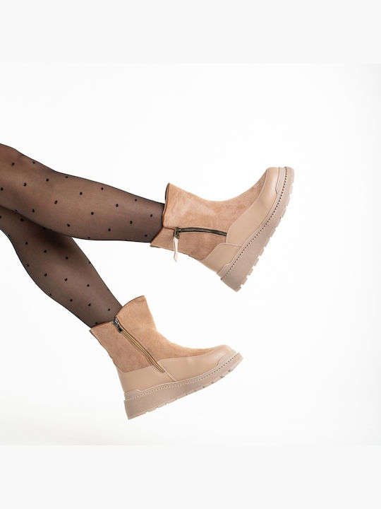 Leather Women's Ankle Boots with Fur Pink