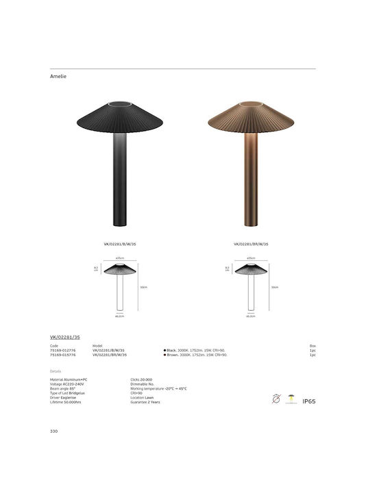 Brown 3000k 15w 1752lm Ac220-240v 85° Led Bridgelux Driver Eaglerise 50,000hrs Dim No -20°c → 45°c Cri>90 Lawn Cri>90 50cm Aluminum + Pc Ip65 Vk 02281 Br W 35 75169-015776