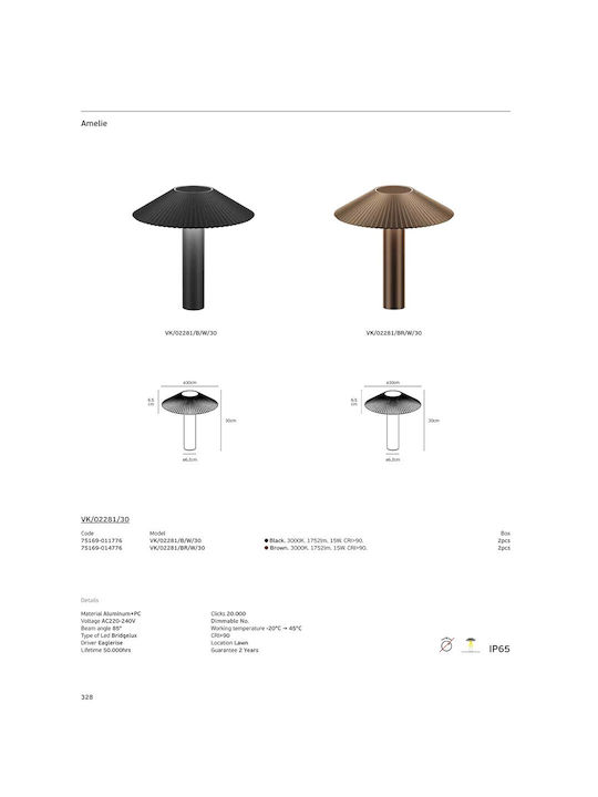 Black 3000k 15w 1752lm Ac220-240v 85° Led Bridgelux Driver Eaglerise 50,000hrs Dim No -20°c → 45°c Cri>90 Lawn Cri>90 30cm Aluminum + Pc Ip65 Vk 02281 B W 30 75169-011776