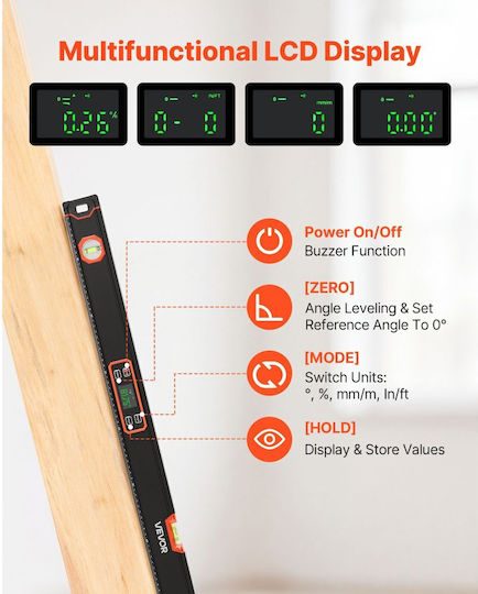 Digital Spirit Level Vevor 1200 Mm Magnetic Electronic Spirit Level Illuminated Led Screen Electronic Leveling Tool 360° Bubble Vials 0° 45° 90° Ip54 Rating Home Renovation Carpentry Work