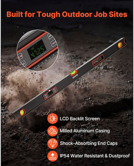 Digital Spirit Level Vevor 1200 Mm Magnetic Electronic Spirit Level Illuminated Led Screen Electronic Leveling Tool 360° Bubble Vials 0° 45° 90° Ip54 Rating Home Renovation Carpentry Work