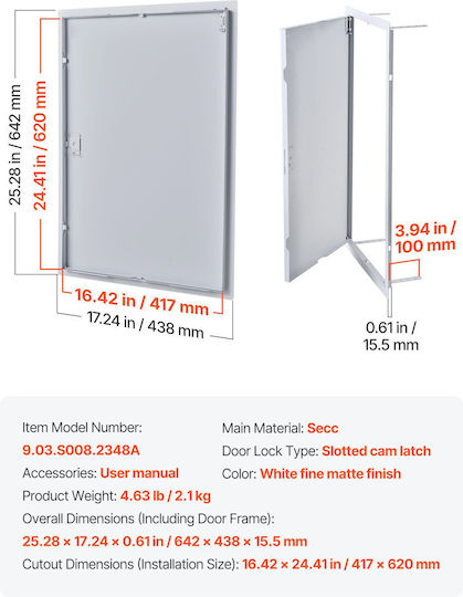 Vevor Plasterboard Access Door 64x44 Cm Galvanized Steel White Jsjxmb1624in1sy3v001v0