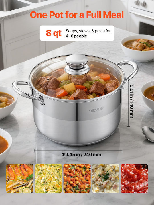 Vevor Βαθιά Ανοξείδωτη Κατσαρόλα Ατμού 7.6lt / 9.45cm