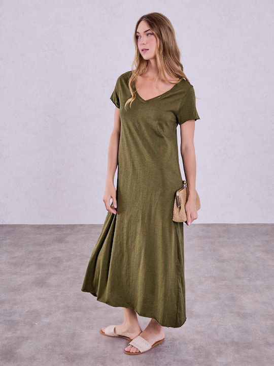 Celestino Women's Maxi Dress Cotton Loose Fit Khaki