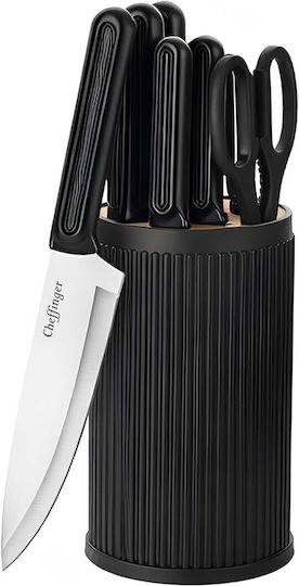 Cheffinger 7-piece Knife Set Storage Block Scissors Ergonomic Handles Black Silver