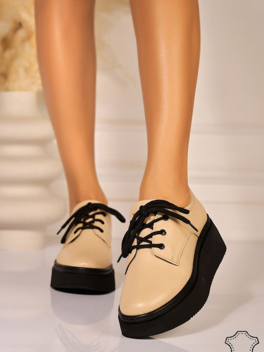 Leather Women's Oxfords in Beige Colour