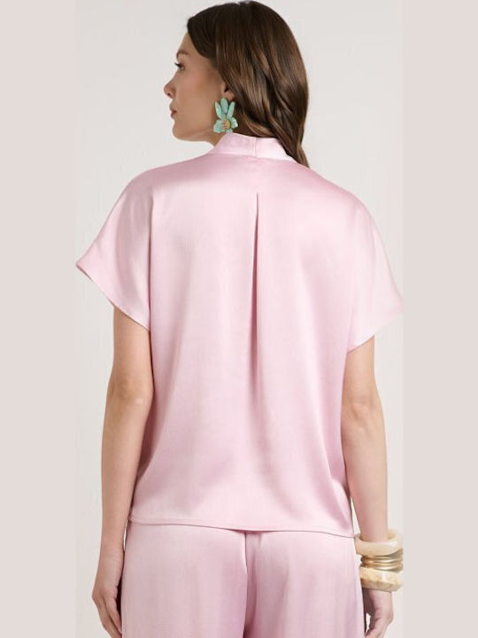 Women's Satin Short Sleeve Blouse Pink