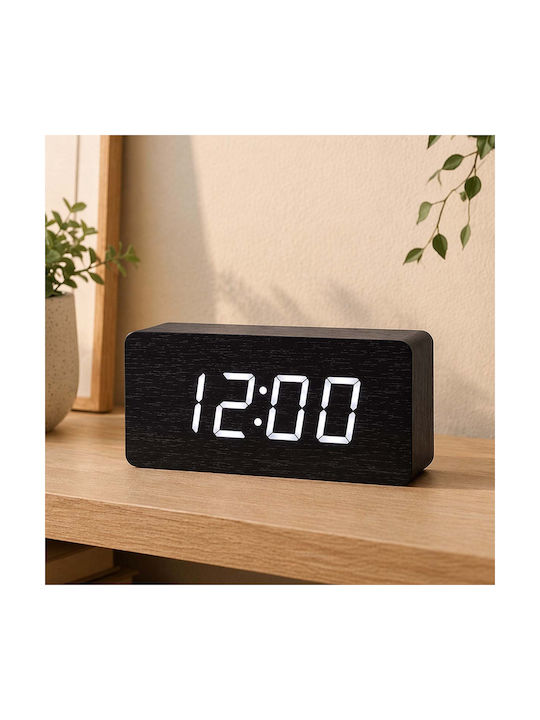 Avizar Wooden Clock Clear Digital Led Display Black