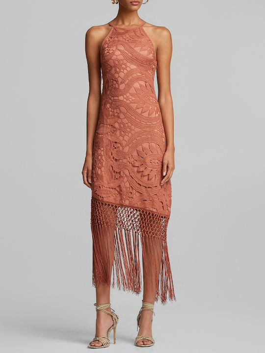 Summer Midi Dress for Wedding / Christening Off-Shoulder with Lace Terracotta