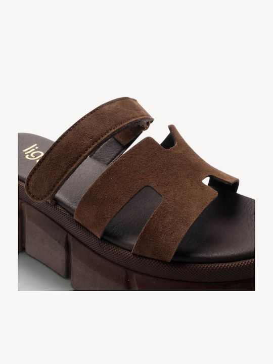 Brown Leather Chunky Flatform Slides Laser Cut Strap