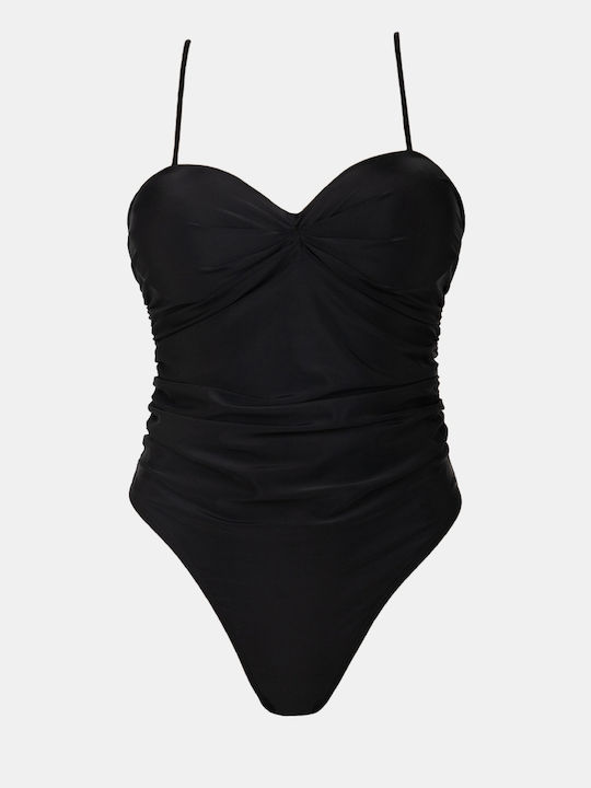 Strapless One Piece Swimsuit Ruching Black Size S Black