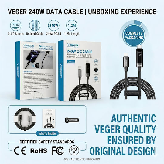 Veger Geflochtenes USB Typ-C Kabel USB-C männlich - USB-C 240W PD 1,2m DC120
