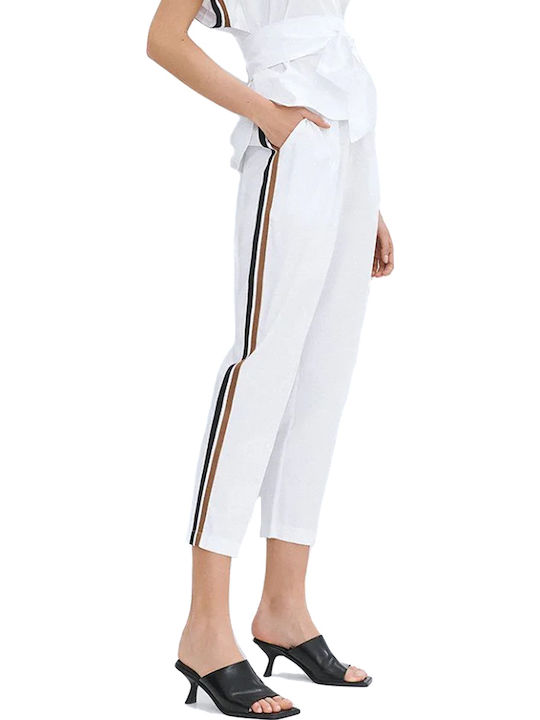 Women's High Rise Fabric Trousers with Rubber Band in Regular Fit Striped White