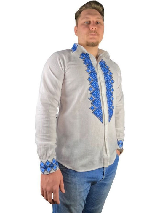 Herrenblusen Langarm Weiß/Blau
