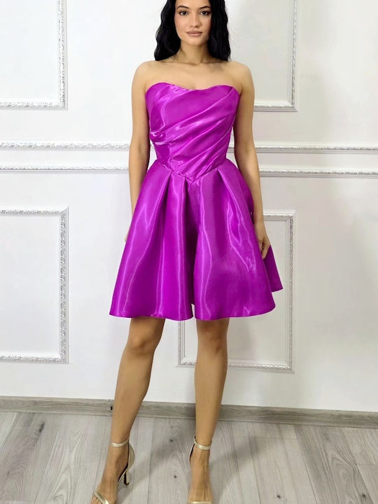Лятна Mini За Вечерно Излизане Рокля Без Презрамки С Прозрачни Елементи Magenta Violet