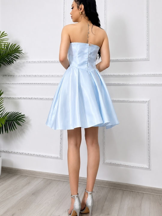 Καλοκαιρινό Mini Βραδινό Φόρεμα Strapless με Τούλι & Διαφάνεια Blue