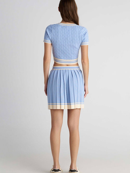 Pleated High Waist Mini Skirt Blue