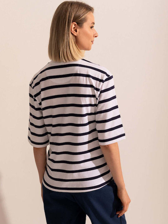 Bluza Damă Bumbac Mâneci Scurte Cu Dungi Albastru Marin