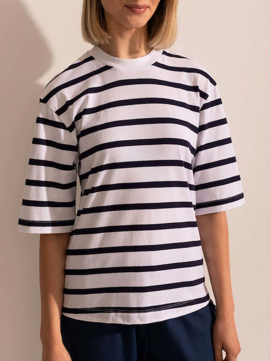 Bluza Damă Bumbac Mâneci Scurte Cu Dungi Albastru Marin