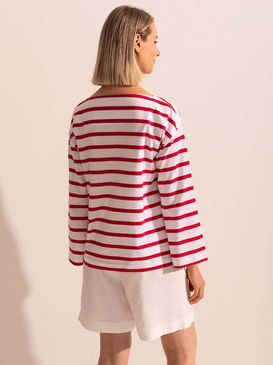 Bluza Damă Bumbac Mânecă Lungă cu Decolteu în V Model Cu Dungi Roșii
