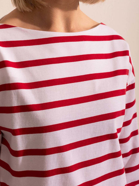 Bluza Damă Bumbac Mânecă Lungă cu Decolteu în V Model Cu Dungi Roșii