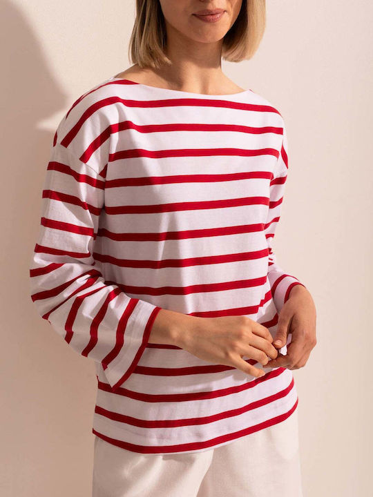 Bluza Damă Bumbac Mânecă Lungă cu Decolteu în V Model Cu Dungi Roșii