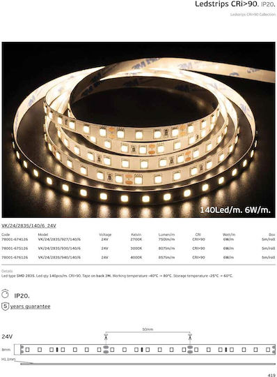 VK Lighting Smart LED Strip Wi-Fi 24V Natural White Light 5m SMD2835 Type