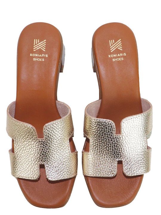 Leather Mules With Low Heel In Gold Colour