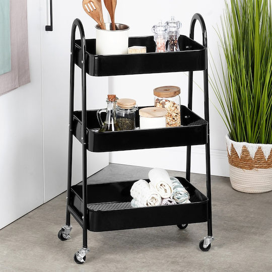 Metallisches Küchenwagen mit 3 Ebenen Schwarz 44x31.5x79.5cm