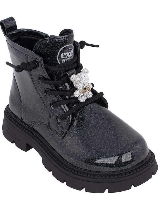 Kids Military Boots in Patent Leather with Zipper Black