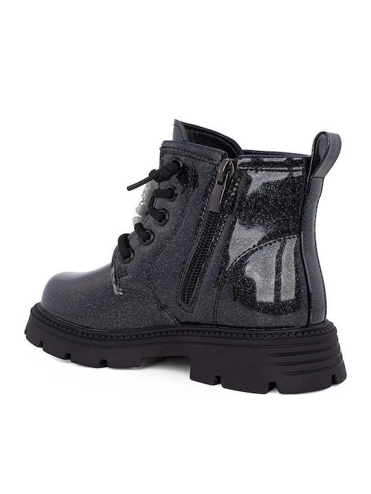 Kids Military Boots in Patent Leather with Zipper Black