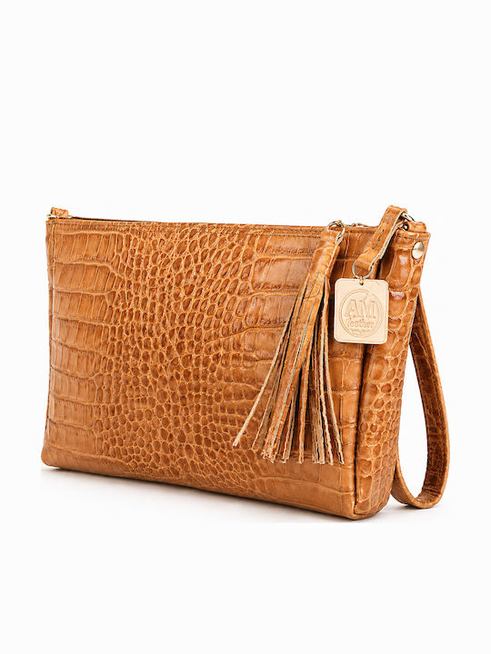 Alfa Mi Дамска Естествена Кожена Плик Clutch Карамел Тауп Croco Принт