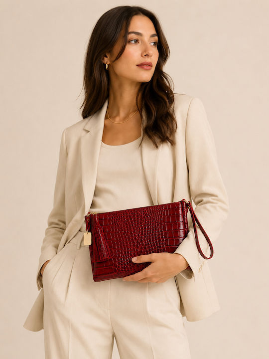 Alfa Mi Γυναικείος Δερμάτινος Φάκελος Clutch Μπορντό Κόκκινο Croco Print Alfa Mi Γυναικείος Δερμάτινος Φάκελος Clutch Μπορντό Κόκκινο Croco Print