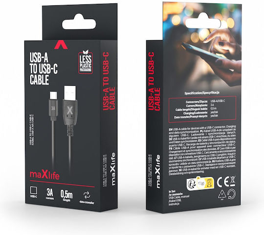 Maxlife USB 2.0 Cable USB-C Male - USB-A Black 0.5m