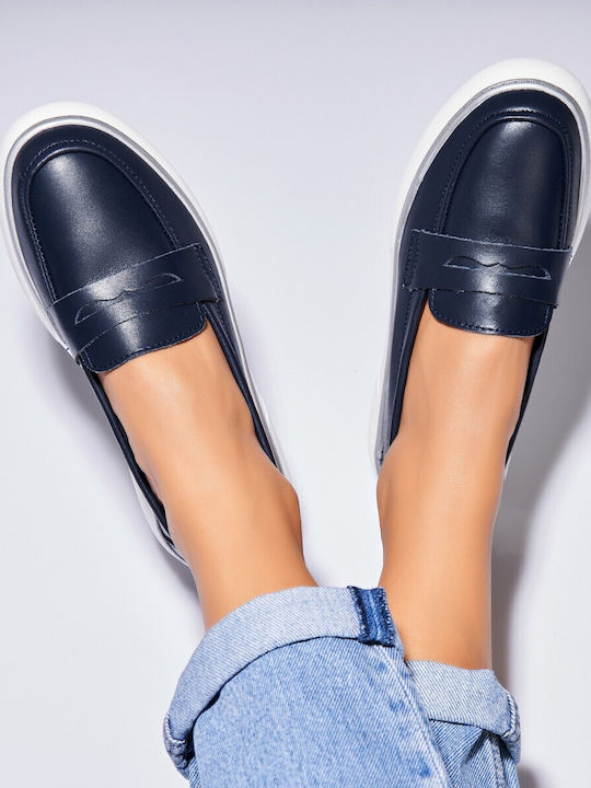 Leder Damen Mokassins in Marineblau Farbe