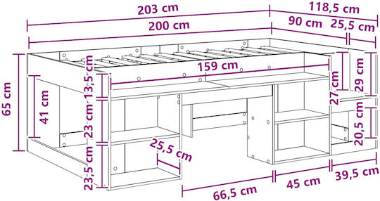 Kinderbett Einzel mit Stauraum Weiß für Matratze 90x200cm