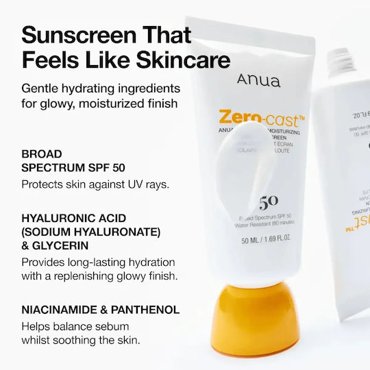 Anua Zero-Cast Водоустойчив Слънцезащитен Крем За Лице SPF50 50ml