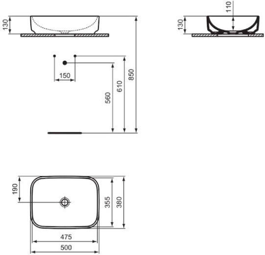 Ideal Standard I.life Επικαθήμενος Νιπτήρας Πορσελάνης με Μπαταρία 50x38cm