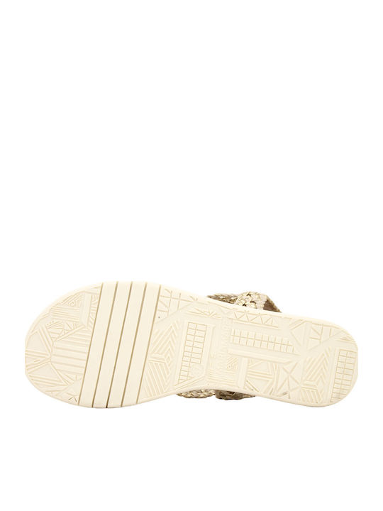 Deri Flache Damen Sandalen Gold
