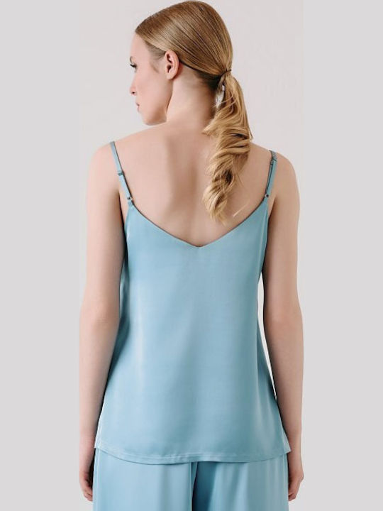 Women's Satin Blouse with Spaghetti Straps & V-Neckline Light Blue