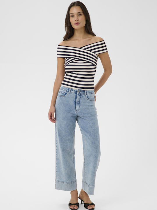 Γυναικεία Μπλούζα Βαμβακερή Off-Shoulder Αμάνικη Ριγέ Μπλέ-άσπρη