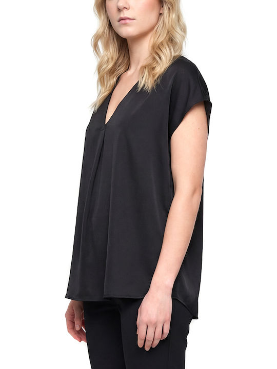 Blouse Women Twenty-29 Γυναικεία Μπλούζα Σατέν Κοντομάνικη με V Λαιμόκοψη Μαυρο
