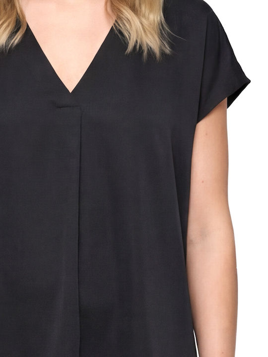 Blouse Women Twenty-29 Γυναικεία Μπλούζα Σατέν Κοντομάνικη με V Λαιμόκοψη Μαυρο